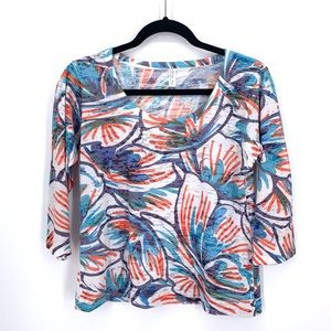 Whimsy Rose Crew Neck 3/4 Sleeve Top Colorful Palm Top Size Medium Casual Summer